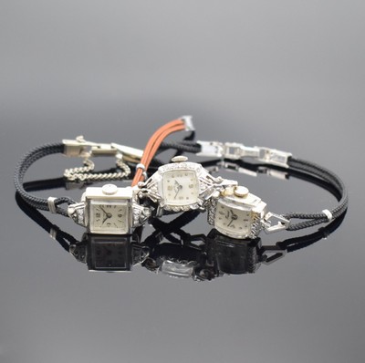 MATHEY-TISSOT/LADY ELGIN/WITTNAUER 3 Art Deco Damenarmbanduhren in WG 585/000, Schweiz/USA um 1940, Handaufzug, alle Geh. teils m. Diamanten bes., ...