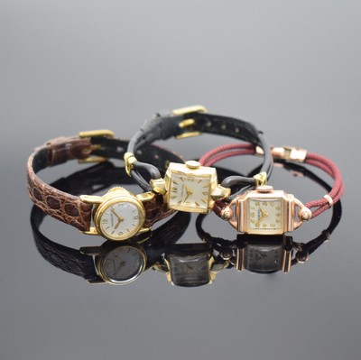 LONGINES & Jaeger-LeCoultre 3 Armbanduhren in GG & RG 585/000, Schweiz/USA um 1950, 2x Handaufzug, 1x Backwinder, 1x 2-teiliges Gehäuse, 2 ...