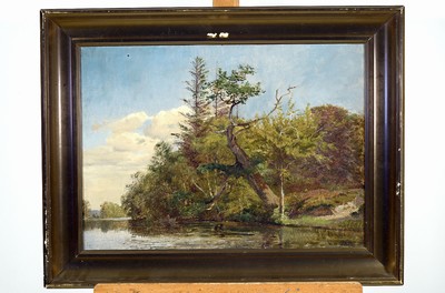Monogrammist J.C., um 1890-1900, Angler unter knorrigem Baum an einem Seeufer, Öl/Lwd, rechts unten monogr., ca. 40x52cm, R.