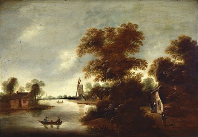 Monogrammist GDL, Niederlande, um 1830-40, Landschaft mit Fluss, Windmühle und Personen, Öl/Holz, rechts unten monogr., ca. 59x82cm, R. ca. 73x98cm