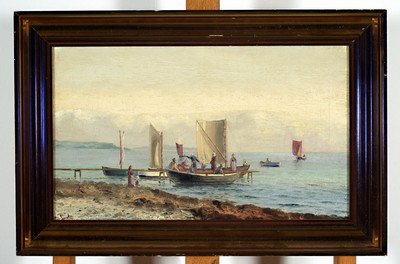 Otto Lusty (auch Lustig), 1886-1965, Anlegendes Boot mit Ausflüglern, Öl/Lwd, links unten sign., ca. 26x44cm, R. ca. 36x54cm