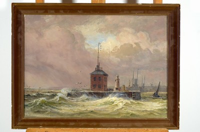 Vilhelm Arnesen, 1865 Flensburg-1948 Kopenhagen, Blick auf eine Hafeneinfahrt, Öl/Lwd, links unten sign., ca. 37x51cm, R.ca. 45x59cm