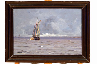 Vilhelm Arnesen, 1865 Flensburg-1948 Kopenhagen, Segelboot auf ruhiger See, Öl/Lwd, links unten sign., ca. 32x47cm, R. ca. 40x55cm