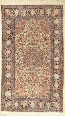 Kaschmir Seide, Indien, ca. 50 Jahre, Seideauf Baumwolle, ca. 200 x 120 cm, EHZ: 2(verschmutzt)