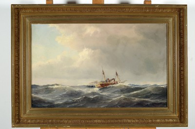 Carl Ludwig Bille, 1815-1898 Kopenhagen, Dampfschiff auf bewegter See, Öl/Lwd, rest., doubl., ca. 38x60cm, R. ca. 52x74cm