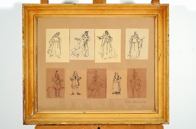 Victor Barregard, 1875-1939, 9 Zeichnungen in Tuschfeder auf Papier (gebräunt), wohl Kostümentwürfe, je ca. 12x8cm, u.Gl., in einem Rahmen ca. ...
