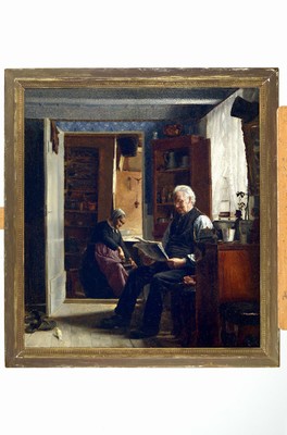 Zuschreibung: Cilius Andersen, 1865 Odense -1913 Kopenhagen, Ehepaar in der Stube, er liest Zeitung, sie mahlt Kaffee, Öl/Lwd, unsigniert, ca. ...