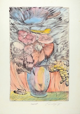Ernst Fuchs, 1930-2015, Blumenstillleben, Lithographie mit Hand aquarelliert, handsign. und bez.: Unikat, ca. 59x37cm, u.Gl., R. ca. 87x68 cm