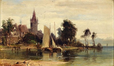 Ludwig Halauska, 1827 Waidhofen-1882 Wien, Uferlandschaft mit Ortschaft, Fischerboot und Personen, feine lasierende Malerei in Öl auf Holz, links ...