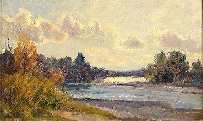 Zuschreibung: Paul Weber, 1823 Darmstadt-1916 München, Landschaft mit Flusslauf und Staustufe, Öl/Malkarton, ca. 26x42cm, R. ca. 34x50cm