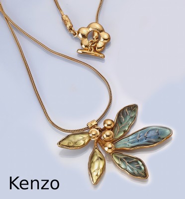 KENZO Modeschmuckcollier, Frankreich, Paris, 1970er Jahre, Metall vergoldet, eingetropftes Pate-de-Verre in versch. Blau-, Grün- und Gelbtönen in ...