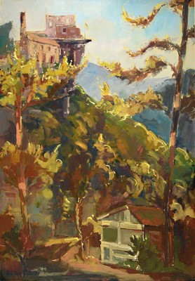 Hans Rolf Peter, 1926-2020 Neustadt a. d. Weinstraße, Burg Spangenberg im Herbst, so rückseitig betitelt und dat. 1980, Öl/Malkarton, links unten ...