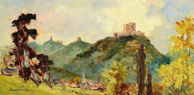Robert Lauth, 1896-1985 Ludwigshafen am Rhein, Blick auf den Trifels, Öl/Lwd, links unten signiert, ca. 30x60cm, R. ca. 38x68cm