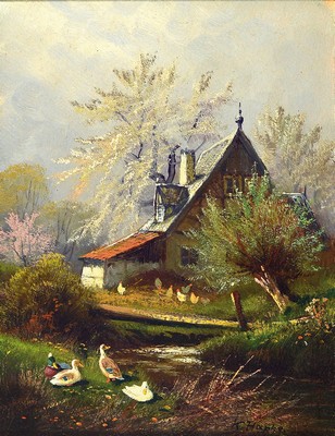Karl Hapke, 1876 Hersfeld-1955 Hannover, Bauernhof mit blühenden Bäumen und Enten, Öl/Malkarton, rechts unten signiert, ca. 22x18cm, R. ca. 33x28cm
