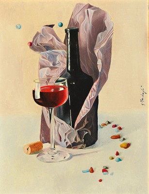 Giuseppe Medagli, geb. 1956 Neapel, tätig in Wuppertal, Stillleben mit Weinflasche und -glas, rückseitig betitelt: Divasazioni mistiche su una ...