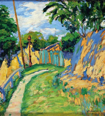 Artúr Lakatos, 1880-1968, ungarischer Maler, Weg zu einer Pforte, Öl/Malkarton, rechts unten signiert und dat. 1919, ca. 41x38cm, R. ca. 43x40cm