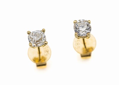 Paar 14 kt Gold Diamant-Ohrstecker, GG 585/000, 2 Altschliffdiamanten zus. ca. 1.00 ct, Weiß/si, (1 Diam. an Rundiste besch.)