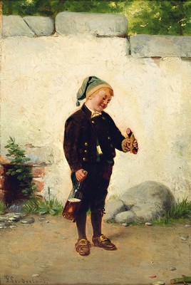 Fritz Sonderland, 1836-1896 Düsseldorf, Junge mit halb voller Bierflasche schaut sehnsüchtig auf die Wurst in seiner Hand, Öl/Holz, links unten ...