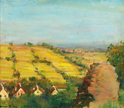 Otto Dill, 1884 Neustadt - Bad Dürkheim, Öl/Lwd, sommerliche Pfälzer Landschaft, (Haardtrand), wohl Blick auf Leinsweiler, rückseitig befindet ...