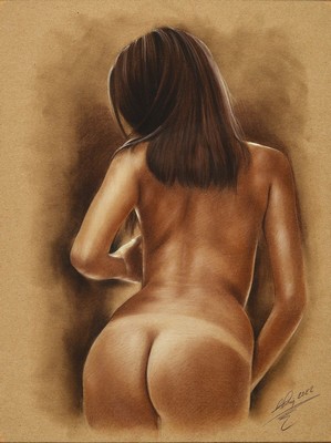 Denis Prenzel, geb. 1971, Pastellzeichnung auf dickem Papier, Rückenakt,Frauenakt, dat. 2022, handsigniert, ca. 40 x 3 cm, unter Glas, Rahmen, Denis ...