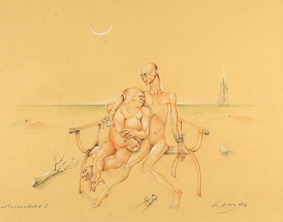 Werner Holz, 1948-1971, Melancholie II, Bleistiftzeichnung, re. unten sign., dat. 72, PP, unter Glas gerahmt, ca. 43x51 cm, gesamt 69x78 cm