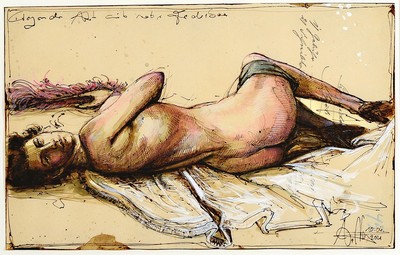 Andreas Noßmann, geb. 1962, Aquarell und Farbstift auf antikem Papier, handsigniert, betitelt: "Liegender Akt mit roter Federboa", ...