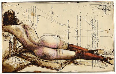 Andreas Noßmann, geb. 1962, Aquarell und Farbstift auf antikem Papier, handsigniert, betitelt: "Separee", Blattgr. 21 x 33 cm, ...