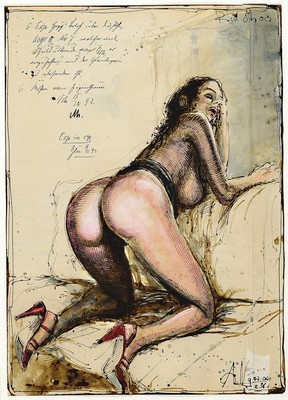 Andreas Noßmann, geb. 1962, Aquarell und Farbstift auf antikem Papier, handsigniert, betitelt: "Red Shoes", Werksverzeichnis DVZ 1493, ...
