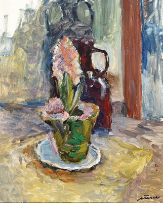 Albert Feser, 1901 - 1993,, Öl/Malkarton, Hyazinthe, signiert, 64 x 54 cm, Rahmen 64 x 54 cm, auf der Rückseite des Gemäldes Nachlassstempel und ...