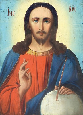 Prunkvolle Ikone, Russland, um 1980-1900, Segnender Christus, Tempera auf Holz, reich reliefierter und verzierter Rahmen aus Metall, im Kiot, ca. ...