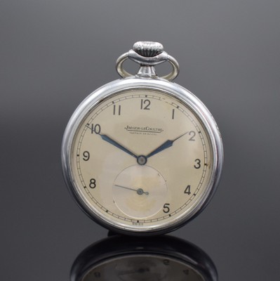 Jaeger-LeCoultre offene Herrentaschenuhr, Schweiz um 1940, verchr. Geh., Rückdeckel gedr., silb. Zifferbl. pat./fl., Lack teils abgenutzt/nicht ...