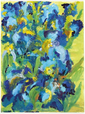 Heide Fahlbusch, 1939 - 2019, "Lilien blau",impressiver Duktus, Öl/Papier, monogrammiert und datiert 2007, 56x42 cm, Unter Glas ...