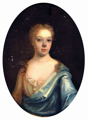Unbekannter Porträtist, wohl um 1800, Damenbildnis im Duktus des frühen 18.Jh., Öl/Kupferplatte, ovaler Bildausschnitt, sekundärer ...