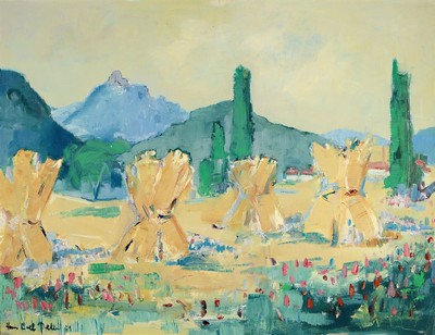 Hans Rolf Peter, 1926 - 2020 Neustadt an der Weinstr., pfälzer Erntelandschaft mit Hambacher Schloß im Hintergrund, signiert und datiert 61, ...