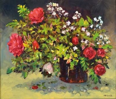 Otfried Bleeker, 1925 - 2009, reiches Blumenstillleben mit roten Pfingstrosen, signiert, Öl/Platte, vergoldeter Rahmen mit Akanthusblattdekor, 75x83 ...