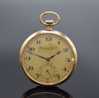IWC offene Taschenuhr in GG 585/000, Schweiz um 1930, glattes Geh., Scharnierboden, verg. Zifferbl. m. Breguetzahlen l. fl., kl. Sek. bei 6, gebl. ...