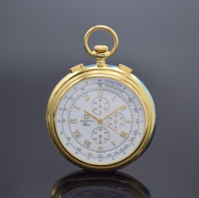 ZENITH Prime offene Taschenuhr mit Chronograph in GG 750/000 Referenz 300020.420, Schweiz um 2000, Handaufzug, 3-teiliges Geh., Boden und Glasrand ...
