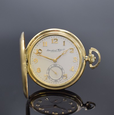 IWC Savonette Herrentaschenuhr in GG 585/000, Schweiz um 1930, 2-Deckel Goldgeh. beids. sym. guill., Metallzifferblatt, Metallcuvette, verg. ...