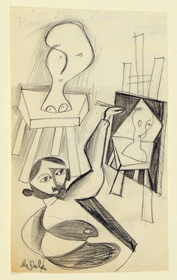 Eugène de Sala, 1899 Randers-1987 Kopenhagen, im Atelier, kubistische Darstellung, Bleistiftzeichnung, links unten signiert, 15.5x9.5cm, u.Gl., R. ...
