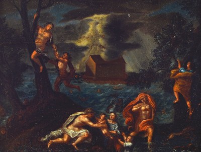 Unbekannter Künstler, Niederlande, um 1760, vielfigurige Darstellung der Sintflut, dramatische Darstellung mit sich rettenden Menschen und ...