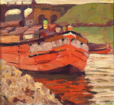 Martin Frost, 1875 Breslau-1928 Kampen/Sylt, Spreekahn, rückseitig so betitelt, Öl/ Malkarton, links unten signiert, ca. 30x28cm, R. ca. 42x44cm