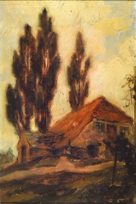 Ove Svenson, 1880 Jönköping/Schweden-1976 Dänemark, Pappeln hinter einem Bauernhaus, Öl/Lwd, rechts unten signiert und dat. 1916, ca. 35x24cm, R. ...