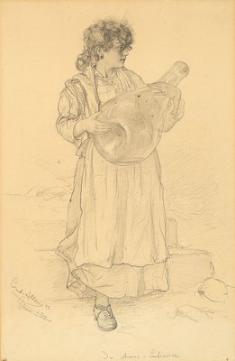Christian Wilhelm Allers, 1857 Hamburg-1915 Karlsruhe, Mädchen mit großer Flasche, Bleistiftzeichnung auf Papier (gebräunt), bez.: in Massa ...
