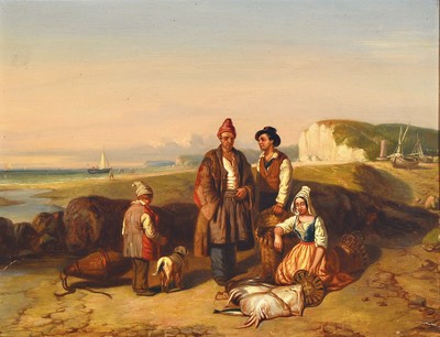 Unbekannter Künstler, Niederlande, um 1830-40, Fischer am Strand, Öl/Holz, ca. 35x46cm, R. ca. 54x64cm