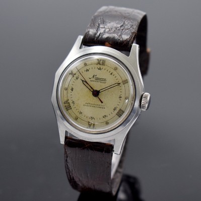 MINERVA Herrenarmbanduhr Kaliber 49 in Stahl mit geschraubtem Boden, Schweiz um 1950, Handaufzug, ausgefallenes sign. Geh. mit geschr. Boden, unrest. ...