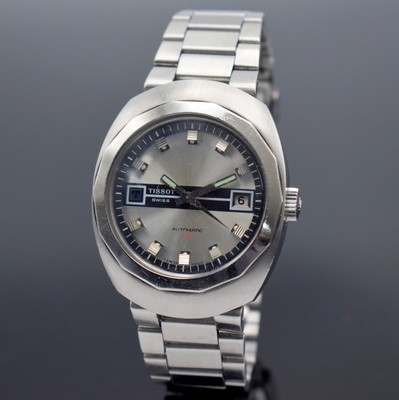 TISSOT T12 Herrenarmbanduhr mit geschraubtem Boden, Schweiz um 1970, Automatik, massives Stahlgeh. m. sign. Boden & Seefahrtsymbolik, orig. ...