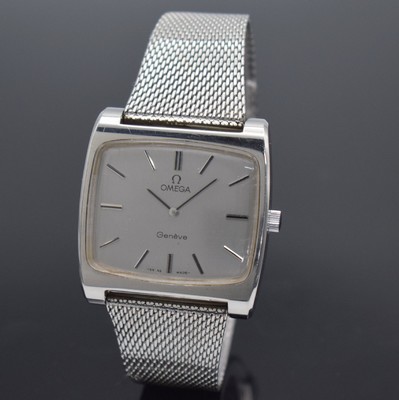 OMEGA Geneve Herrenarmbanduhr Referenz 111.0109 in Stahl, Schweiz um 1973, Handaufzug, 2-teil. Geh., Boden aufgedr., neutr. Milanaiseband, silb. ...
