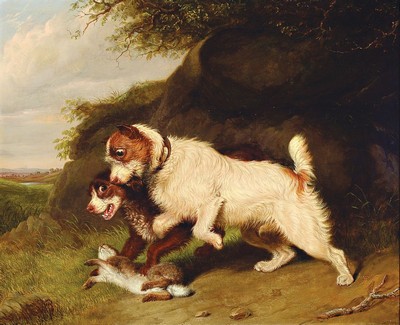 Martin Theodore Ward, 1799 London - 1874, Schüler von Edwin Landseer, einer der angesehensten Tiermaler Großbritanniens, zwei Terrier beim erlegen ...
