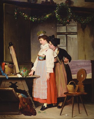 J. Wauthausen, wohl Elsässer Maler, datiert 1894, Hochzeitsvorbereitung, die junge Braut wirft noch einen letzten Blick in den Spiegel, dahinter ...