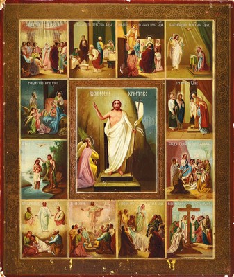 Große Festtagsikone, Russland, 2. Hälfte 19. Jh., Szenen aus dem Leben Jesu, Goldstaffage, leicht an den Ecken best., 58 x 48.5 cm, Farbfehlstellen ...